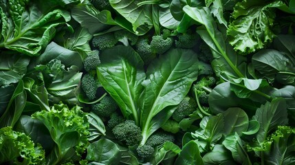 Wall Mural - Assortment of fresh green leafy vegetables and broccoli crowns.