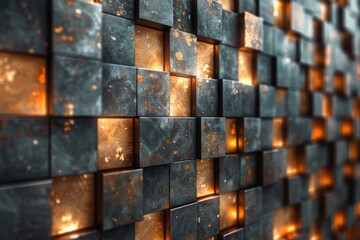 Poster - Warm-toned lighting enhances the rusted surface of metal cubes, creating a captivating background with an industrial feel