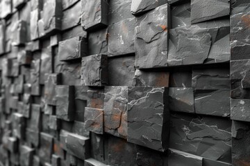 Poster - This image features a close-up of neatly stacked slate stone tiles in shades of grey, highlighting textures and angles