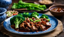 Dong Po Rou (Dongpo Pork Meat) In A Beautiful Blue Plate With Green Broccoli Vegetable, Traditional Festive Food For Chinese New Year Cuisine Meal, Close Up.
