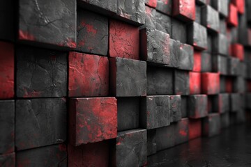 Poster - A striking image featuring a pattern of red and black 3D cubes with a textured surface, giving a sense of depth