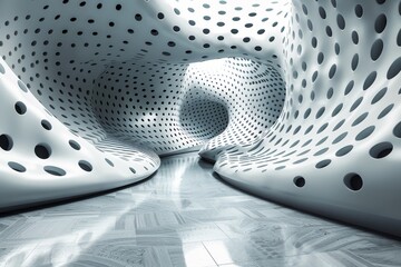 Poster - An ultra-modern, curved hallway with a white dotted pattern creating an illusion of depth and movement