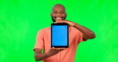 Poster - Black man, tablet and mock up with green screen and chroma key for advertising and promo. Young male person, portrait and digital technology with social media announcement and smile showing tech