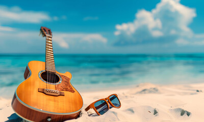 Sun glasses and acoustic guitar on the beach with turquoise sea background.