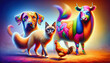 Colourful mosaic-patterned animals—a dog, a cat, a rooster, and a bull—stand in a vibrant, surreal landscape, exuding fantasy and playfulness.