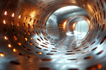 Poster - A futuristic metallic tunnel illuminated with a golden glow suggesting warmth and progress