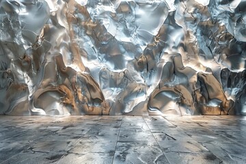 Poster - Detailed view of a reflective, metal textured, wavy wall in a luminous and spacious setting creates an abstract concept