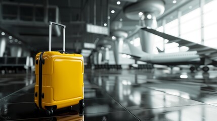 Sticker - Bright yellow suitcase in an airport with blurry airplanes in background