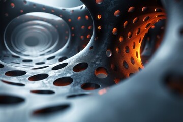 Poster - This image shows a highly detailed, 3D rendered futuristic tunnel with circular perforations and ambient light