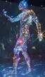 Figura umanoide o scheletro  in cristallo scintillante  illuminata su uno sfondo scuro, pose differenti , simbolo dell'evoluzione high-tech