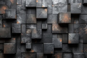 Poster - Close-up of multi-layered black cubes with a worn, industrial feel, highlighted by touches of rustic orange