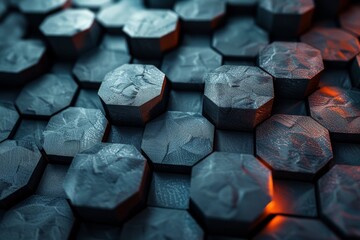 Poster - Intense red light seeps through the edges of dark hexagonal shapes giving a futuristic and powerful image