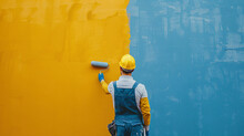 A Painter In Protective Gear With A Roller Paints A Blue Wall Turning It Into Yellow, Mid-process