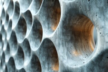 Poster - A close-up view of a grey, textured honeycomb pattern with a focus on the curving edges and depth
