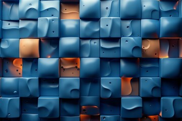 Poster - An abstract image with a detailed focus on geometric blue textured panels creating a futuristic 3D wall pattern