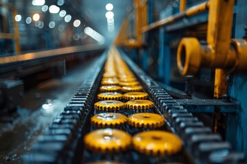 Poster - Macro shot showing the intricate details of yellow gear wheels on a production line conveyor belt