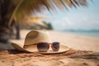 A straw hat and sunglasses on a sandy beach under a palm tree, a summer vacation concept, a seaside resort.