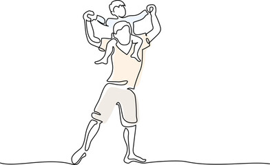 Wall Mural - father carrying son on shoulders with arm raised pose.