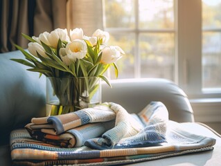 Canvas Print - Home decor, spring flowers in apartment interior with bright light