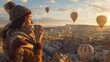 Woman drinking tea while looking at hot air balloons in the morning