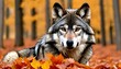 A-Wolf-With-Autumn-Leaves-In-Its-Fur-
