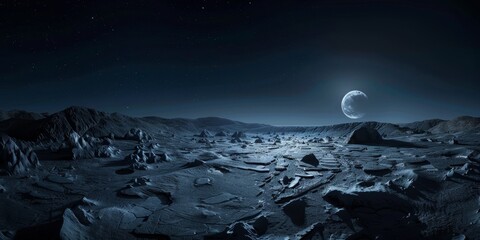 Wall Mural - A desolate, rocky landscape with a large, glowing moon in the sky. The scene is dark and quiet, with only the moon and stars visible. Scene is one of loneliness and isolation