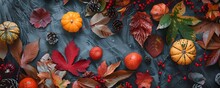Autumn Harvest And Foliage Composition On Dark Wood
