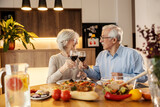 Fototapeta Kwiaty - A happy senior couple is making toasting with red wine at lunch table at home.