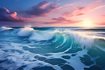 Wall Mural - Pastel Sunset and Cresting Waves in Tranquil Ocean Seascape