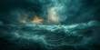 Digital artwork brings to life the power of nature with tumultuous ocean waves crashing under a stormy sky, illuminated by lightning bolts and infused with the intense energy of thunderclouds.