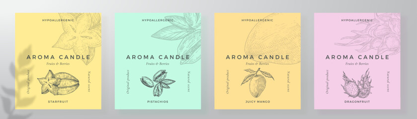 Aroma candle label design templates set. Scented air freshener product sticker mockup backgrounds collection Fruit scent decorative packaging layouts bundle