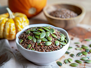 Wall Mural - A bowl of seeds is on a table next to a bowl of pumpkins