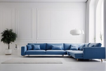 Wall Mural - White minimal living room, everything in the room is white, white walls, flushed white doors, white ceiling, highlighting the scene with colorful minimal sofa, white interior lighting.