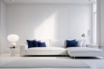 Wall Mural - White minimal living room, everything in the room is white, white walls, flushed white doors, white ceiling, highlighting the scene with colorful minimal sofa, white interior lighting.