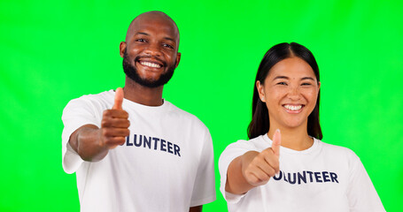 Poster - Thumbs up, volunteer and happy with people on green screen for support, thank you and success. Motivation, agreement and yes with portrait of black man and woman on studio background for feedback