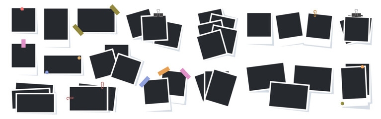 Aufkleber - or instant photo empty frames with copy space and place for writing. Vector isolated set of piles of blank cards with sticky tape and clips. Memories and album display collection
