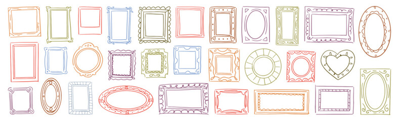 Poster - Geometric shapes of doodle picture or photo frames. Vector isolated square and heart shaped, rectangle and circle borders with empty copy space. Set of artistic banners or social media highlights