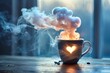 Coffee cup with smoke forming inspirational shapes like hearts or dreams, eative  Conceptual Idea