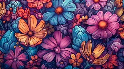 Wall Mural - A bunch of colorful flowers are in a field