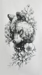 Wall Mural - A black and white drawing of a bear surrounded by flowers