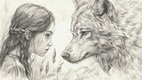 Fototapeta Uliczki - A drawing of a girl and a wolf
