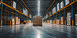 Large spacious warehouse with high racks and pallets with boxes. Cardboard boxes are packed in polyethylene stretch film. Forklift.