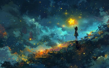 Wall Mural - A young female is depicted on a whimsical staircase as she stretches out towards a twinkling celestial body in the heavens, crafted in a digital art format with an illustrative painting technique.