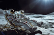 Two spacefarers recline gracefully on sun loungers amidst the planetary landscape on the moon surface.
