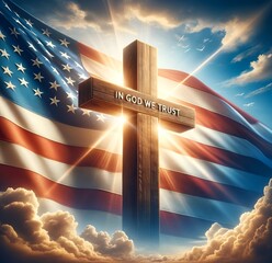 In god we trust background with american waving flag and cross.