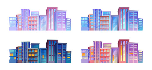 Wall Mural - Cityscape buildings at different time of day. Vector isolated skyscrapers and facade or exterior of houses in morning, at night, evening and sunset. Town downtown or main district, suburbs