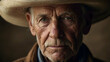 Portrait of an old man in a cowboy hat looking at the camera