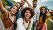 group of friends,Multiracial friends taking selfie picture with smart mobile phone outside -Laughing young people celebrating standing outside and having fun -Friendship concept with guys and girls.