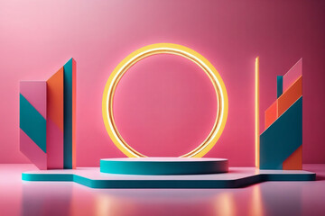 Sticker - Abstract background with an empty podium and neon geometric frames, providing a minimal presentation platform for products