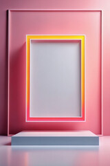 Sticker - Abstract background with an empty podium and neon geometric frames, providing a minimal presentation platform for products